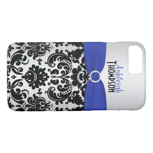 Blauw, zwart, Silver Damask iPhone 7 Hoesje (Achterkant (Horizontaal))