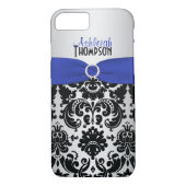 Blauw, zwart, Silver Damask iPhone 7 Hoesje (Achterkant)
