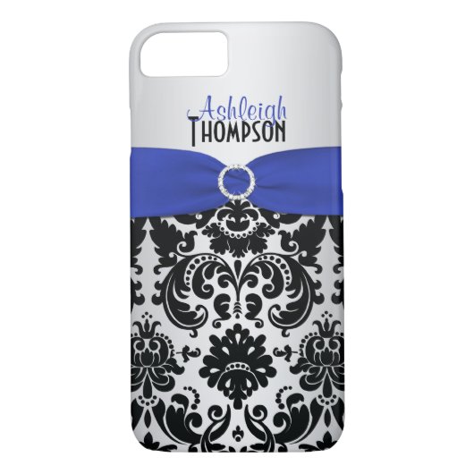 Blauw, zwart, Silver Damask iPhone 7 Hoesje (Achterkant)