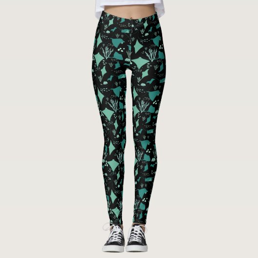 Blauw Zwart Stingray Manta Ray Ocean Theme Leggings (Voorkant)