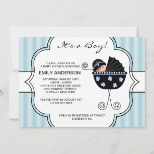 Blauw Zwart Strepen Baby Jongen Shower Uitnodiging