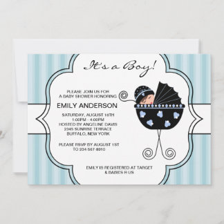 Blauw Zwart Strepen Baby Jongen Shower Uitnodiging
