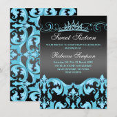 Blauw/Zwart Sweet16 Damask & Tiara Verjaardag Uitn Kaart (Voorkant / Achterkant)