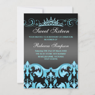 Blauw/Zwart Sweet16 Damask & Tiara Verjaardag Uitn Kaart