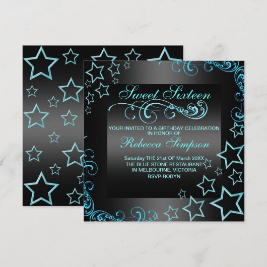 Blauw/Zwart Sweet16 Star & Swirl Verjaardag Uitnod Kaart (Voorkant / Achterkant)