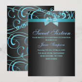 Blauw/Zwart Swirl & Bow Sweet 16 Verjaardag Uitnod Kaart (Voorkant / Achterkant)