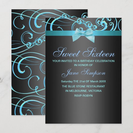 Blauw/Zwart Swirl & Bow Sweet 16 Verjaardag Uitnod Kaart (Voorkant / Achterkant)