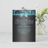 Blauw/Zwart Swirl & Bow Sweet 16 Verjaardag Uitnod Kaart (Staand voorkant)