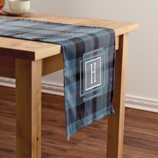 Blauw Zwart Tartan Monogram  Korte Tafelloper (Voorbeeld)
