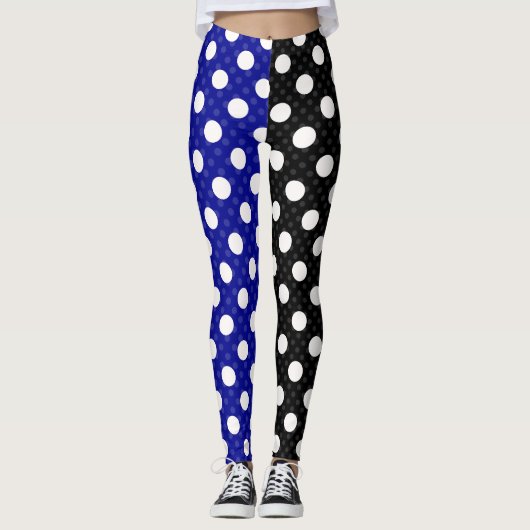 Blauw Zwart Twee Tone Split Polka Dots Leggings (Voorkant)