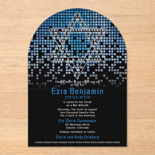 Blauw Zwart Videogame Gamer Bar Mitzvah Acryl Uitnodigingen (Voorkant)