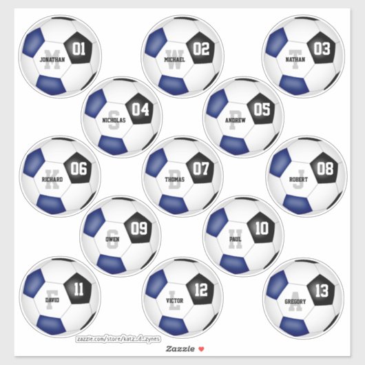 Blauw Zwart Voetbal Team Kleuren 13 Spelers Namen Sticker (Vel)