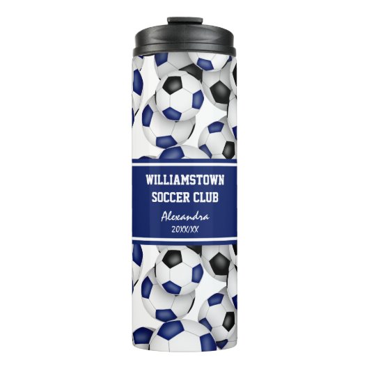 Blauw zwart voetballen patroon w aangepaste naam thermosbeker (Voorkant)