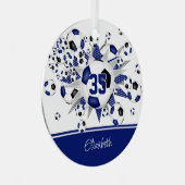 Blauw zwart voetballen sterren keepsake metalen ornament (Voorkant Rechts)