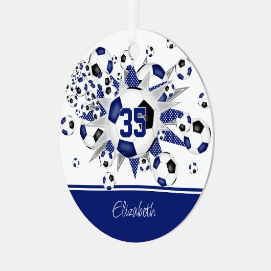 Blauw zwart voetballen sterren keepsake metalen ornament (Voorkant links)