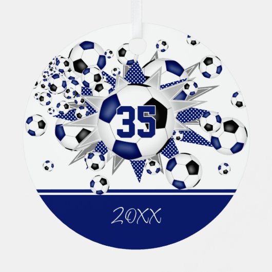 Blauw zwart voetballen sterren keepsake metalen ornament (Achterkant)