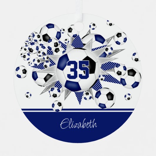 Blauw zwart voetballen sterren keepsake metalen ornament (Voorkant)