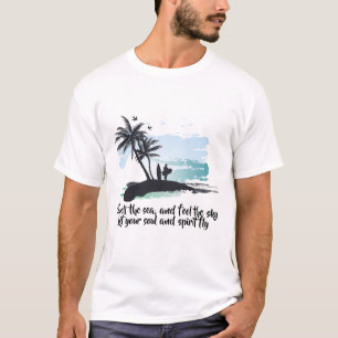 Blauw Zwart Waterverf palmboom, vogel oceaan Zomer T-shirt