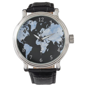 Blauw zwart Wereldkaart Design 75 Horloge