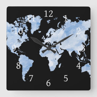 Blauw zwart Wereldkaart Design 75 Vierkante Klok
