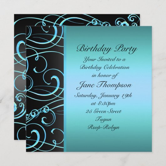 Blauw/Zwart Wervelrand Verjaardag Uitnodigen Kaart (Voorkant / Achterkant)
