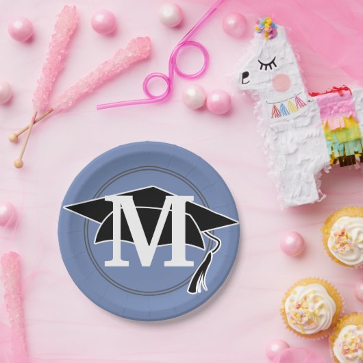 Blauw zwart-wit afgestudeerde lampvoet Monogram In Papieren Bordje (Feest)