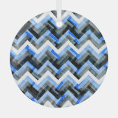 Blauw Zwart Wit Chevron Textuur Glas Ornament (Voorkant)