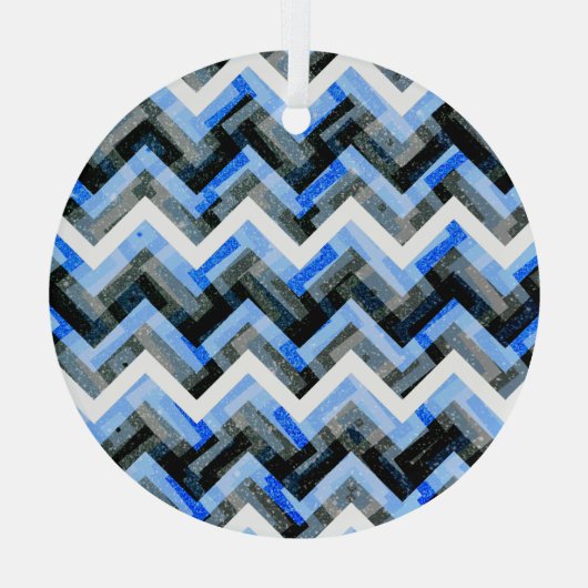 Blauw Zwart Wit Chevron Textuur Glas Ornament (Achterkant)