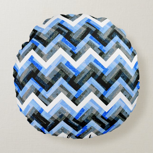 Blauw Zwart Wit Chevron Textuur Rond Kussen (Voorkant)