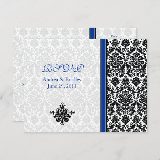 Blauw, Zwart, Wit Damask RSVP Briefkaart (Voorkant / Achterkant)