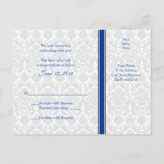 Blauw, Zwart, Wit Damask RSVP Briefkaart (Achterkant)