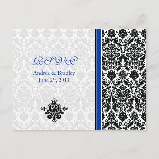 Blauw, Zwart, Wit Damask RSVP Briefkaart (Voorkant)