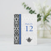 Blauw, Zwart, Wit Damask Tafelnummer Kaart (Staand voorkant)