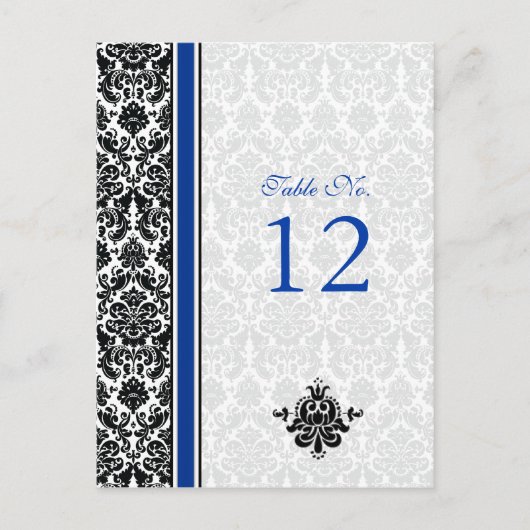 Blauw, Zwart, Wit Damask Tafelnummer Kaart (Voorkant)