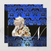 BLAUW, ZWART, WIT DAMAST JEWEL MONOGRAM KAART (Voorkant / Achterkant)