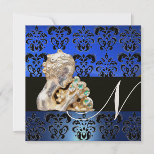 BLAUW, ZWART, WIT DAMAST JEWEL MONOGRAM KAART