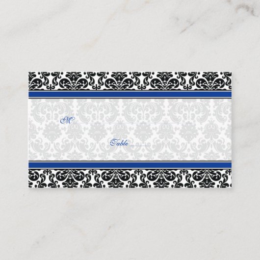 Blauw, Zwart, Wit Damast Wedding Place Cards Plaatskaartje (Voorkant)