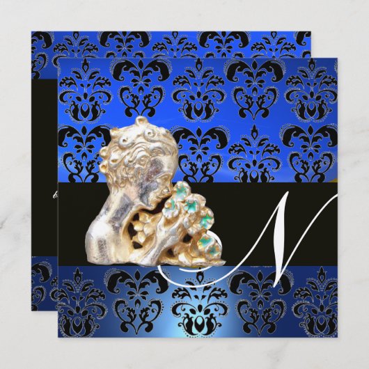 BLAUW, ZWART, WIT DAMASTEN JUWEEL MONOGRAM KAART (Voorkant / Achterkant)