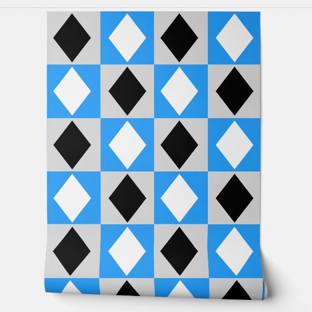 Blauw Zwart Wit Diamant Rhombus Behang (Afrollen)