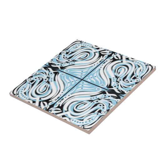 Blauw Zwart Wit Gebogen Abstract Patroon Tegeltje (Zijkant)