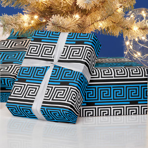 Blauw Zwart Wit Grieks Sleutel Fret Patroon Ontwer Cadeaupapier