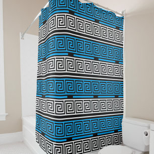 Blauw Zwart Wit Grieks Sleutel Fret Patroon Ontwer Douchegordijn