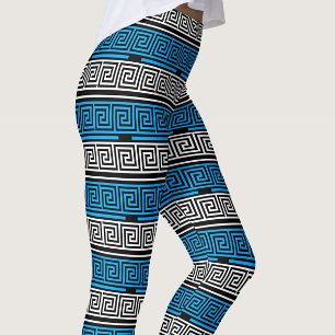 Blauw Zwart Wit Grieks Sleutel Fret Patroon Ontwer Leggings