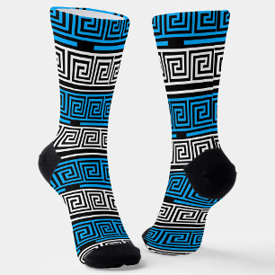 Blauw Zwart Wit Grieks Sleutel Fret Patroon Ontwer Sokken