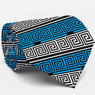 Blauw Zwart Wit Grieks Sleutel Fret Patroon Ontwer Stropdas