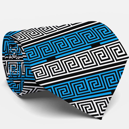 Blauw Zwart Wit Grieks Sleutel Fret Patroon Ontwer Stropdas