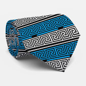 Blauw Zwart Wit Grieks Sleutel Fret Patroon Ontwer Stropdas (Opgerold)