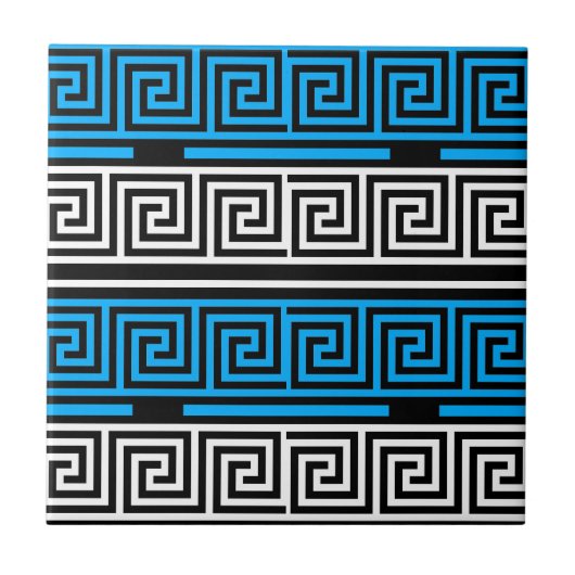 Blauw Zwart Wit Grieks Sleutel Fret Patroon Ontwer Tegeltje (Voorkant)