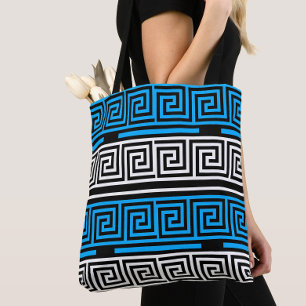 Blauw Zwart Wit Grieks Sleutel Fret Patroon Ontwer Tote Bag
