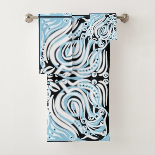 Blauw Zwart Wit Krullend Abstract Patroon Bad Handdoek (Insitu)